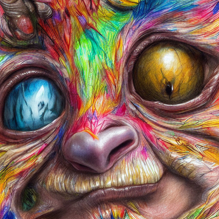 Colorful Close-Up of Fantastical Creature with Rainbow Patchwork and Heterochromatic Eyes