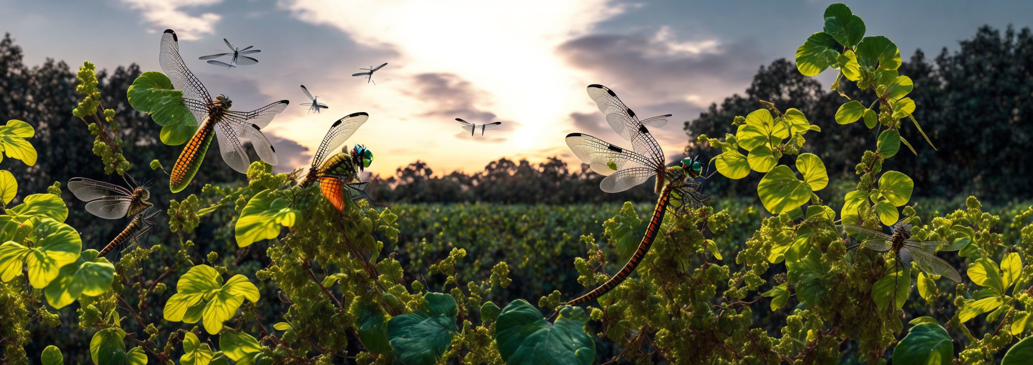 Dragonflies hovering over lush greenery at sunset