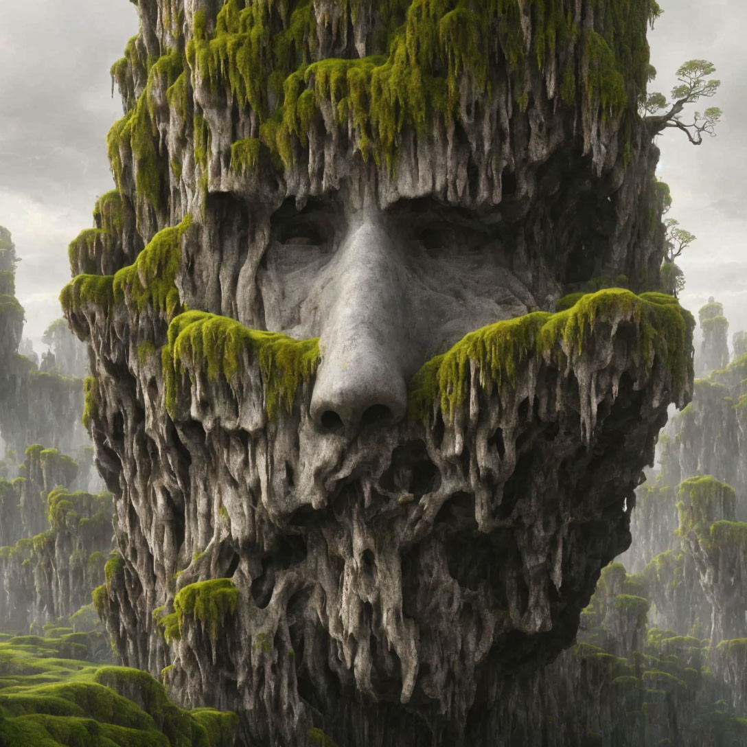 Moss-covered tree with human-like face in mystical forest