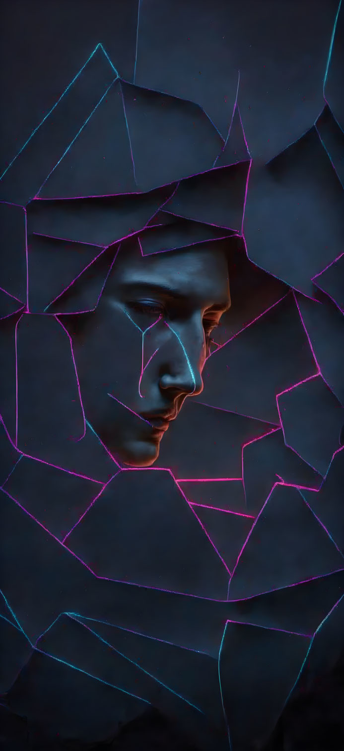 Digital artwork: Human face emerges from neon shards on dark background