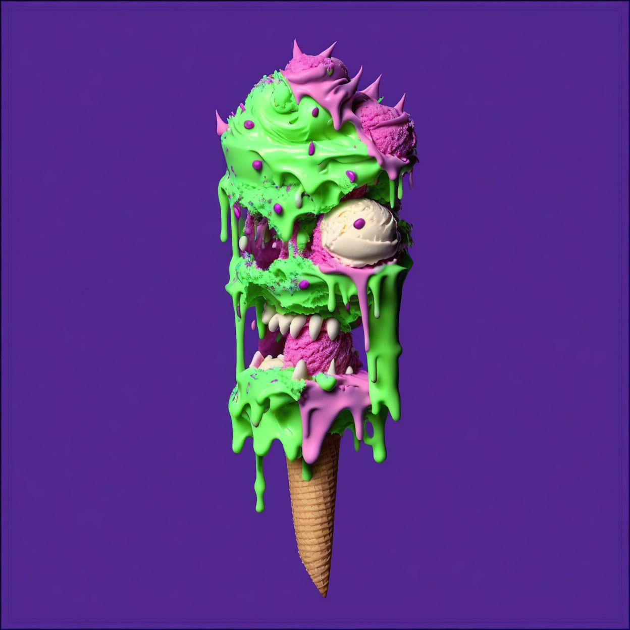 Colorful digital image of overflowing ice cream cone with vibrant scoops and green topping on purple background