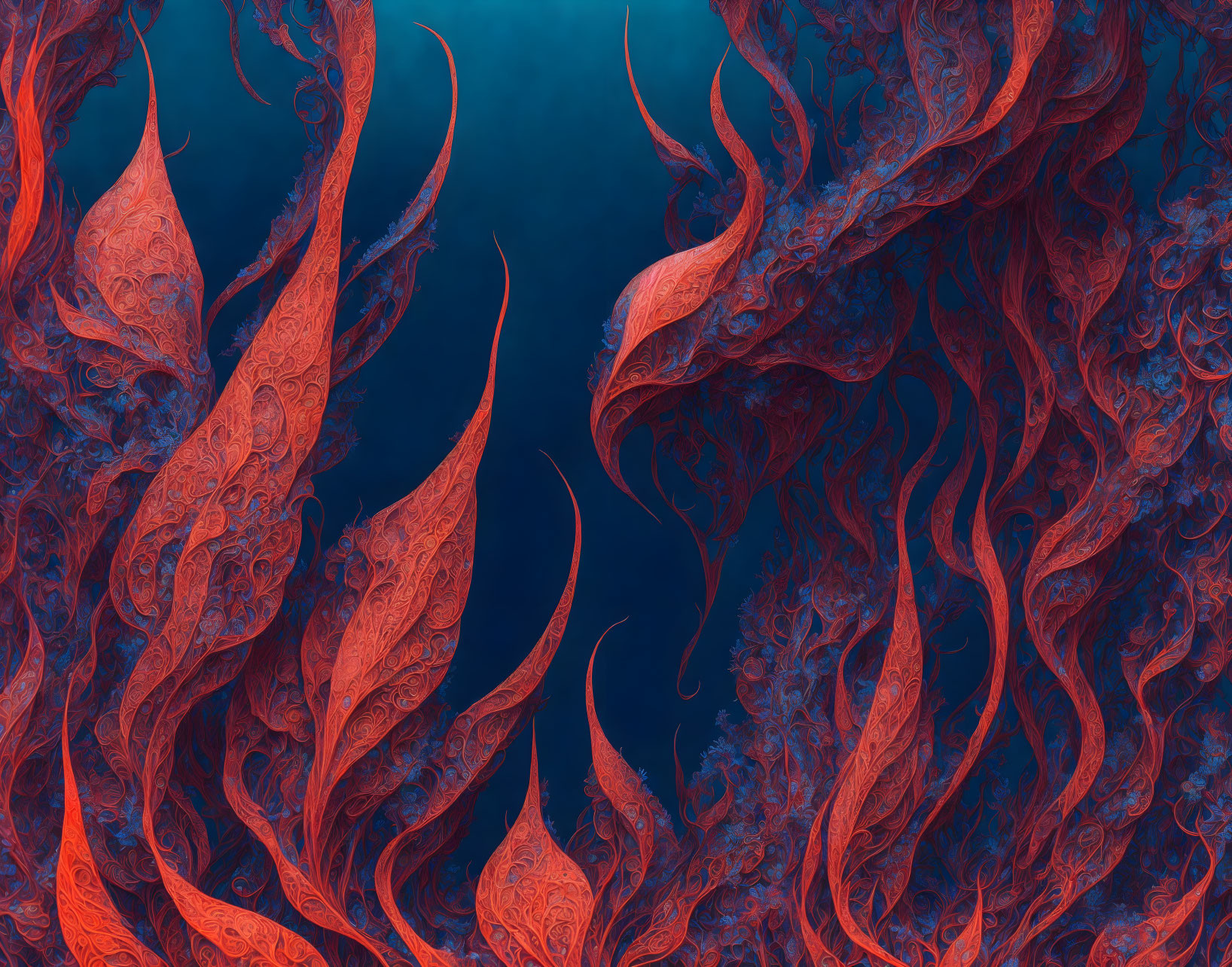 Abstract digital artwork: Crimson and orange swirls on deep blue background