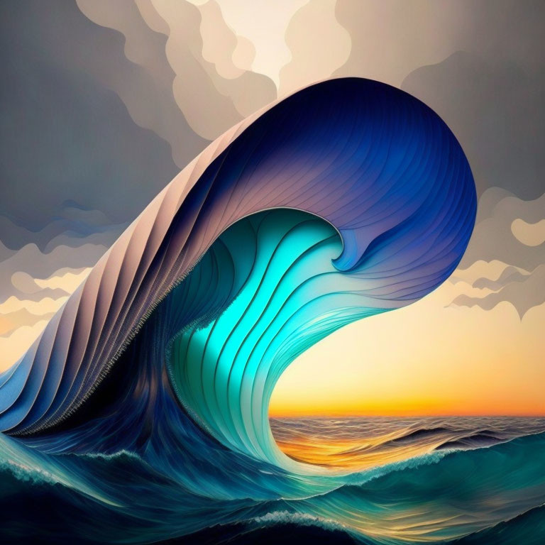 Stylized digital artwork: Large wave with ribbon-like textures in blue shades against sunset sky