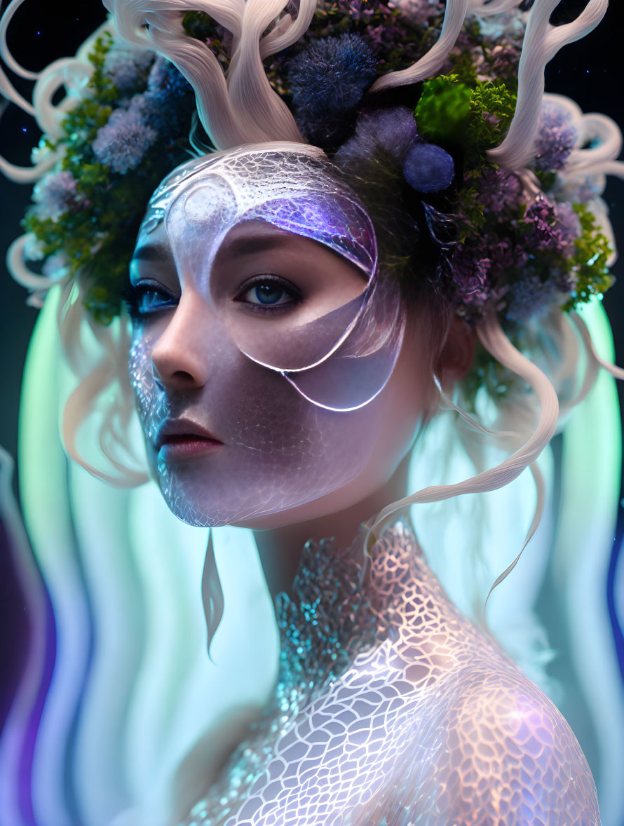 Portrait of person with white patterns, floral crown, colorful lights