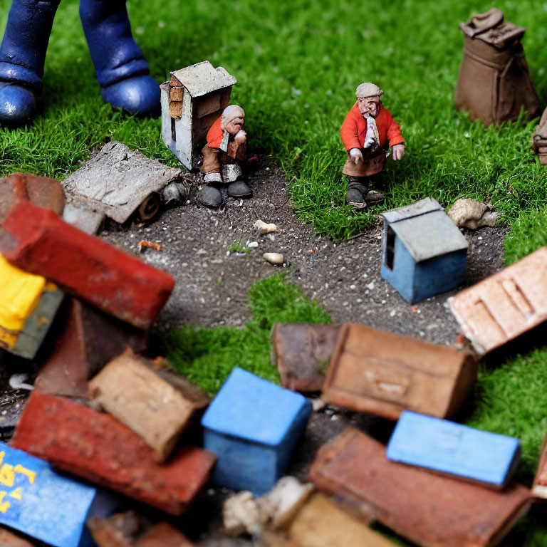 Tiny miniature scene: elderly men figurines chatting amidst colorful crates and wheelbarrow, with large boots