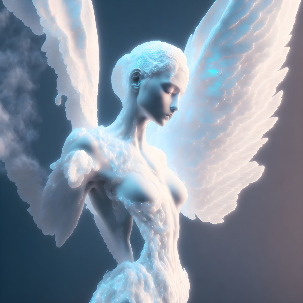 Angel with wings in ethereal white glow on soft blue background