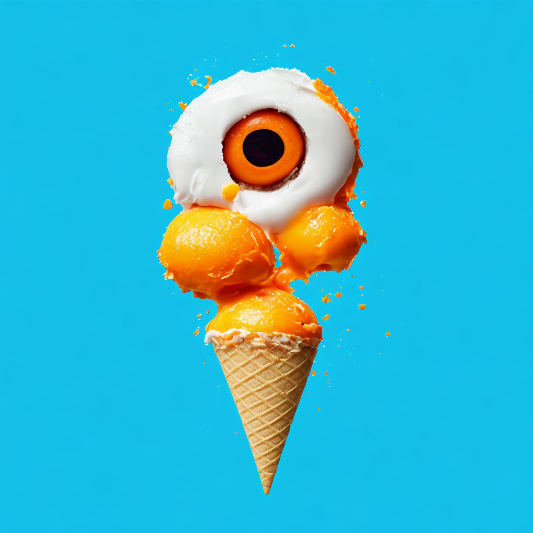 Three-Scoop Orange Ice Cream Cone with Fried Egg Replica on Blue Background