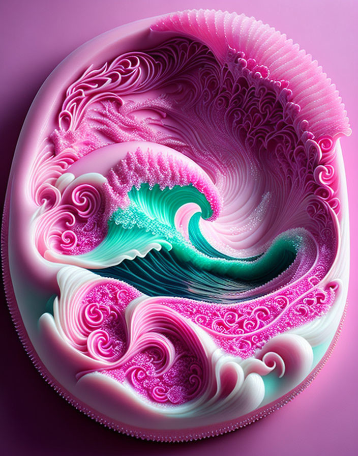 Colorful digital artwork: Swirling wave with intricate patterns in pink, white, and turquoise on purple