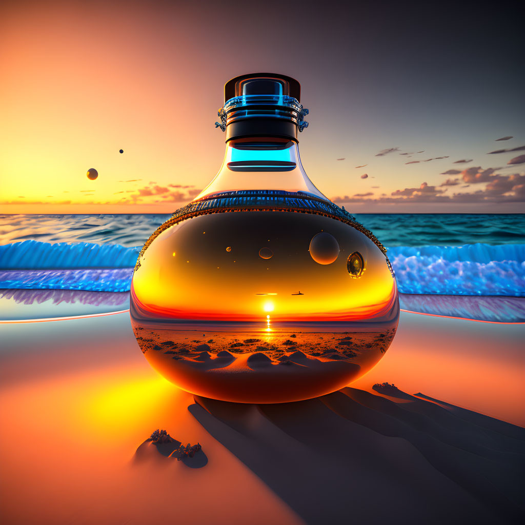 Glass Flask with Orange Liquid on Reflective Surface at Sunset