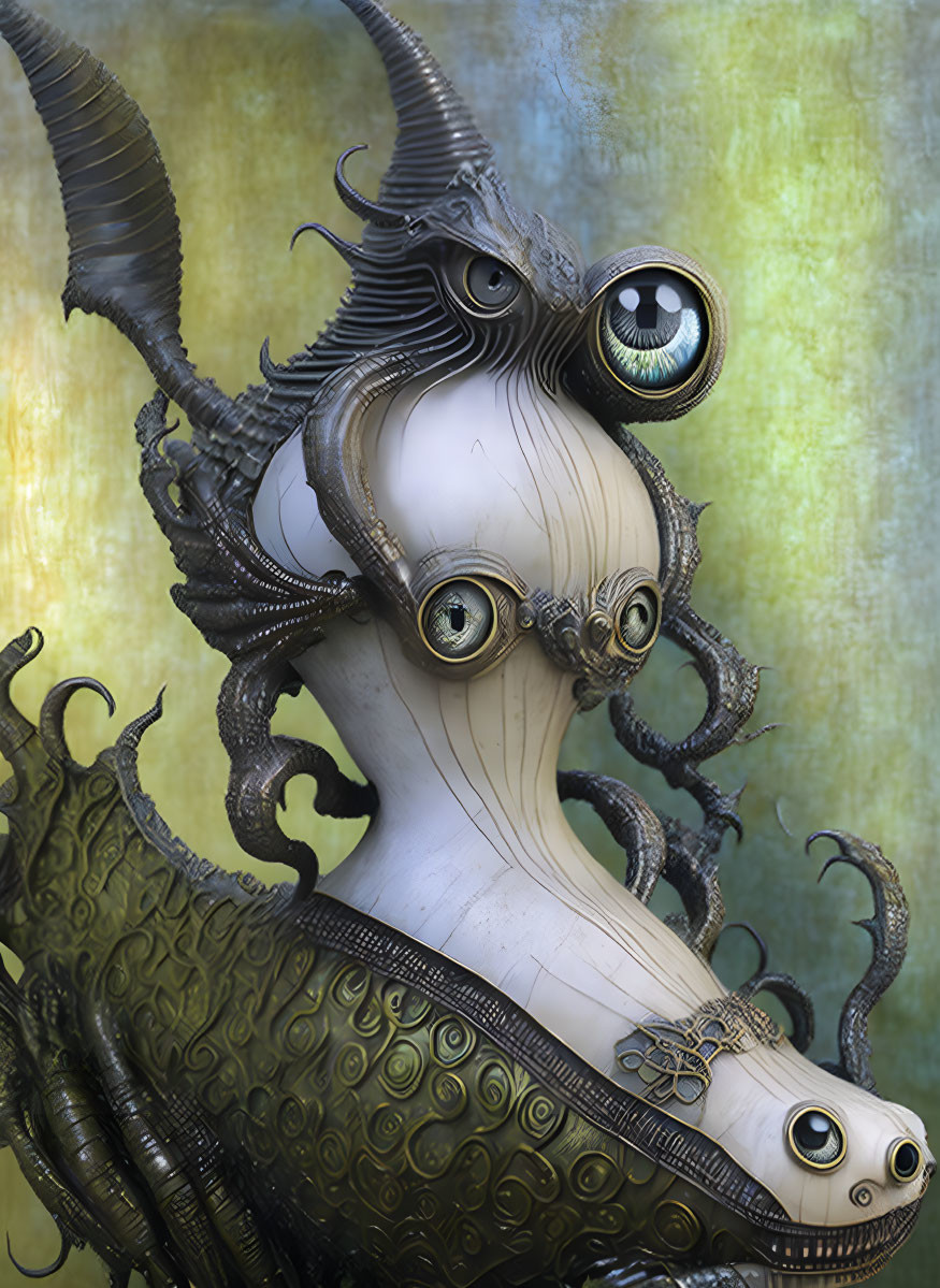 Surreal creature with multiple eyes and tentacles on textured backdrop