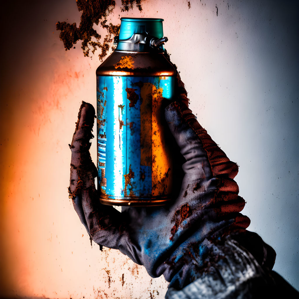 Aged rusted metal canister held by gloved hand on grungy backdrop