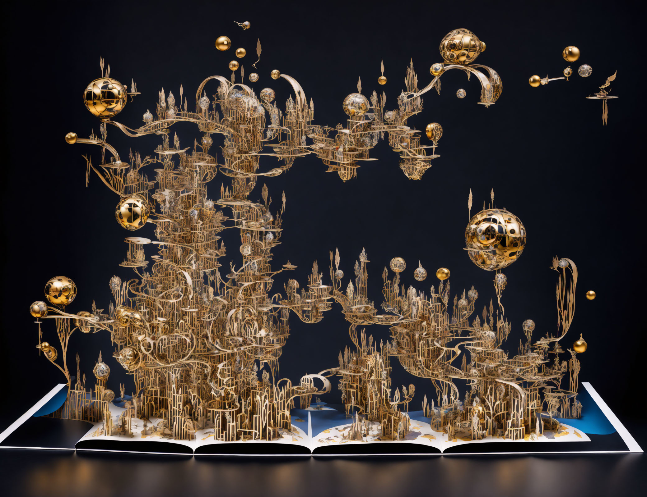 Golden sculpture of fantastical cityscape from open book against dark background