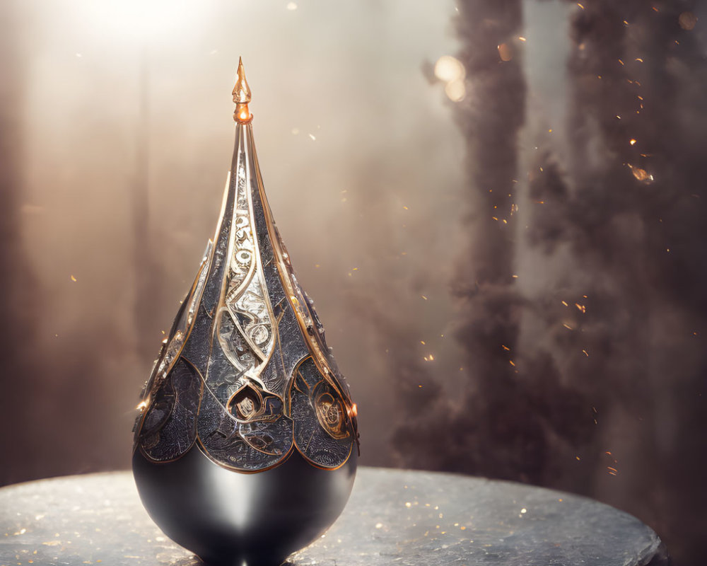 Metallic drop sculpture with intricate patterns, illuminated in warm glow amid misty ambiance