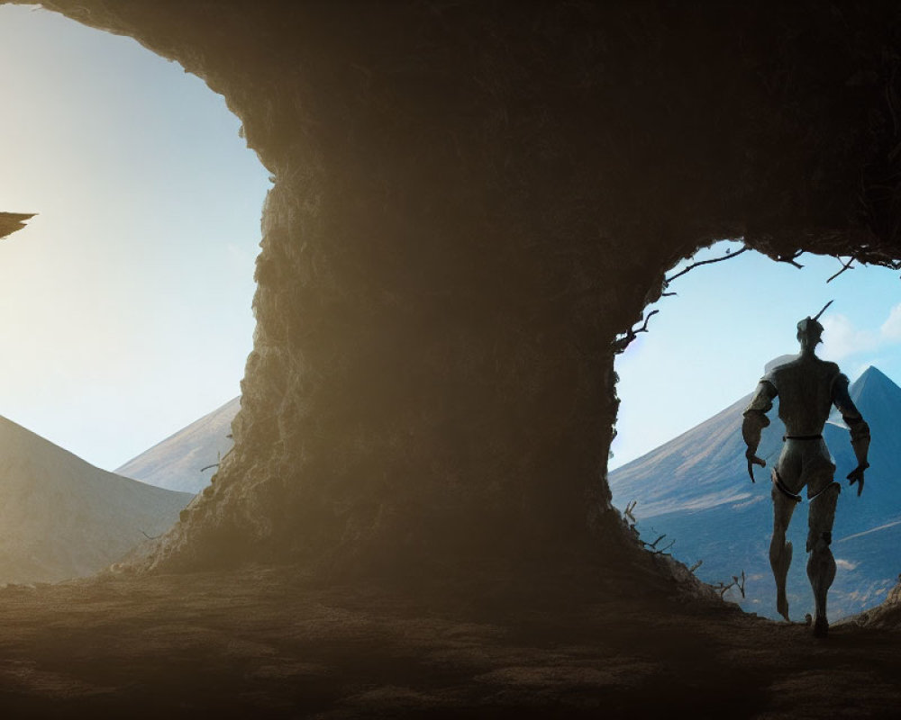 Silhouette of humanoid figure in cave faces dynamic pose against mountain backdrop