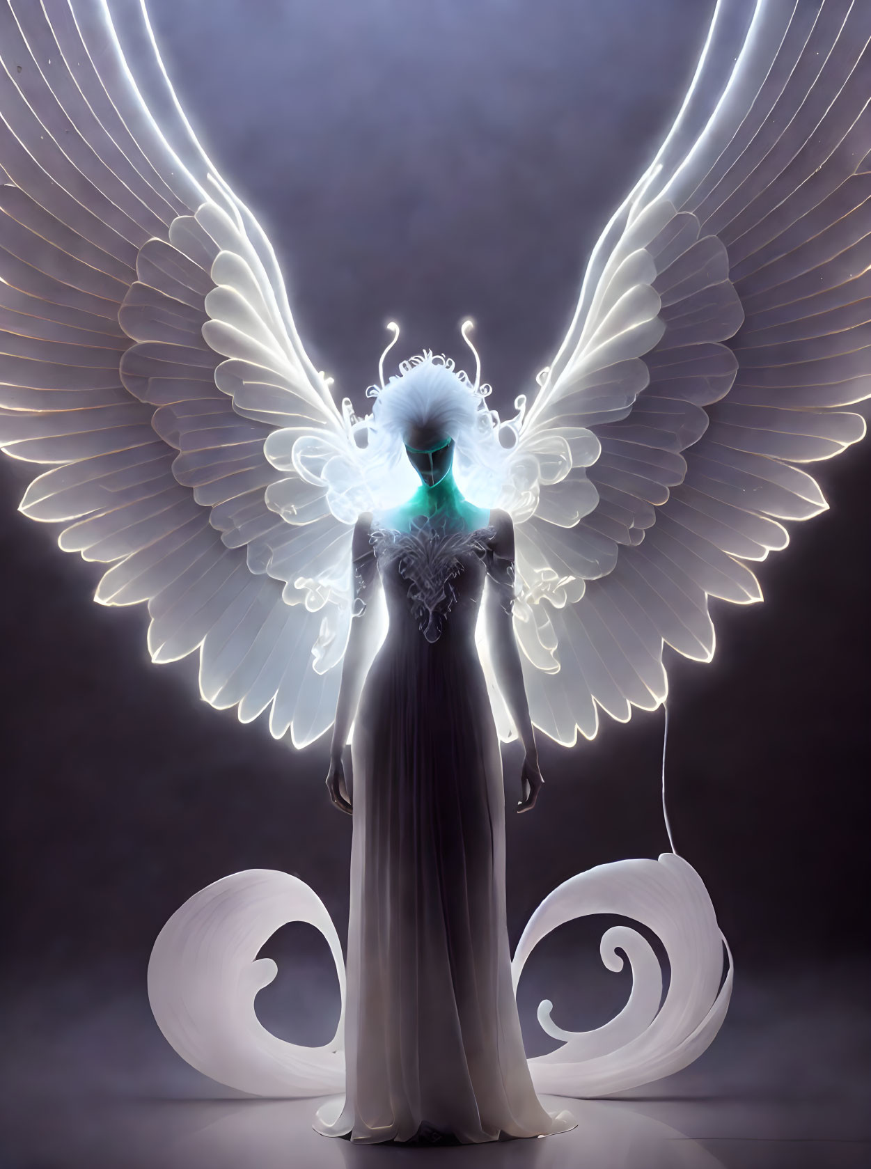 Ethereal figure with glowing wings and halo in misty aura