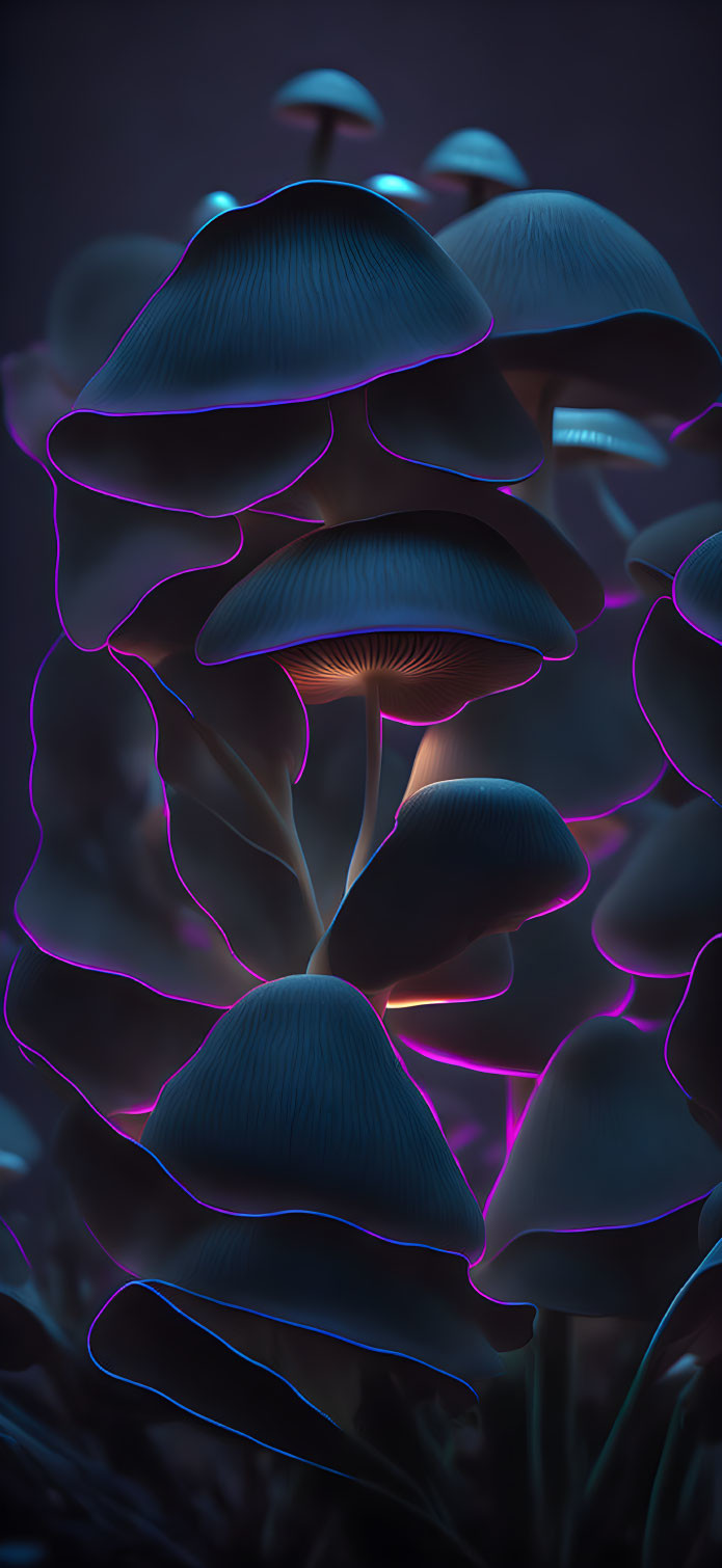 Neon blue and pink edged mushrooms in dark forest