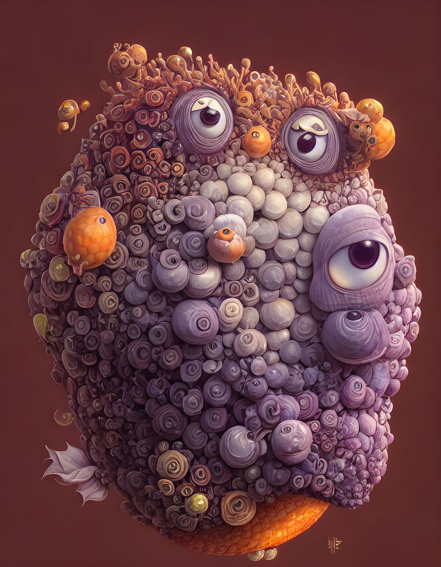 Colorful Cartoonish Eyes Among Purple and Orange Spheres Illustration