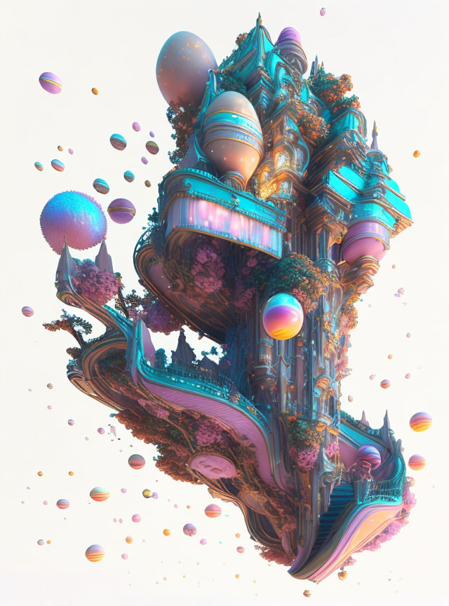 Intricate pastel architecture in surreal floating scene