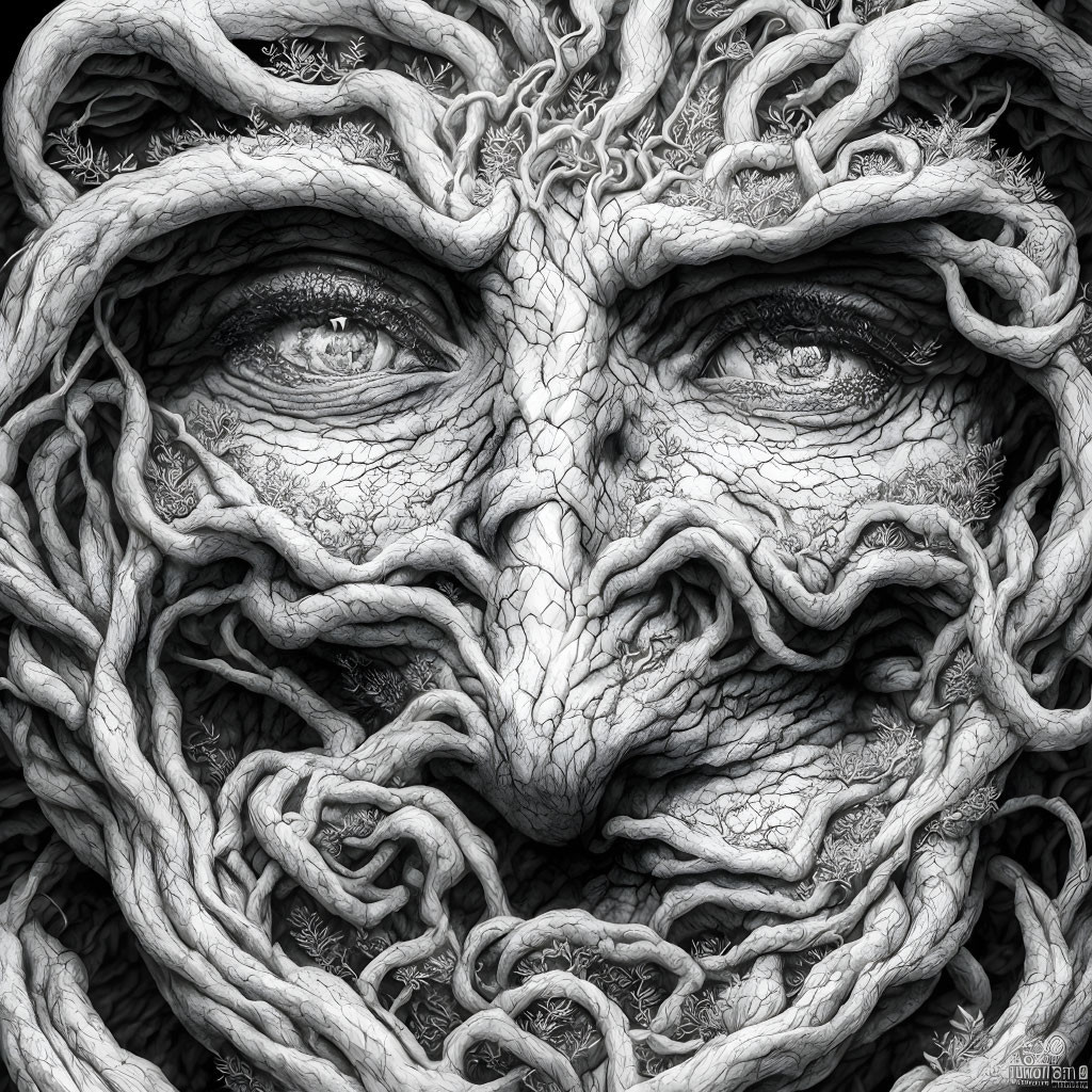 Detailed monochromatic artwork: Face with textured roots/vines intertwining for skin