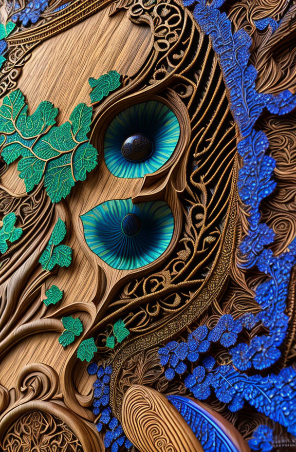 Intricate artwork: Vibrant eyes with wooden patterns and foliage