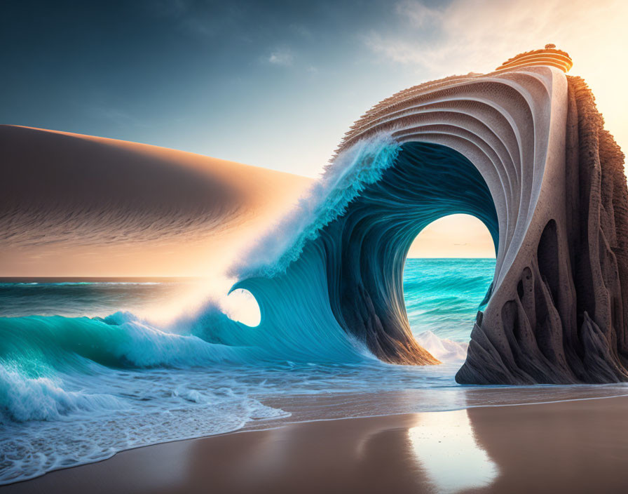 Surreal wave with sculpted edges in desert sunset landscape