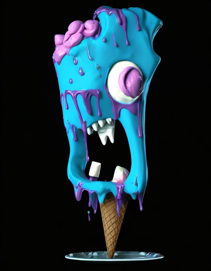 Melting ice cream cone with face in 3D art