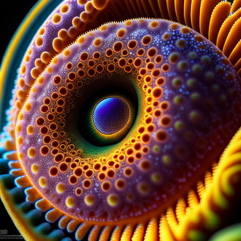 Colorful fractal art: Spiraling eye with intricate patterns in orange to blue gradient