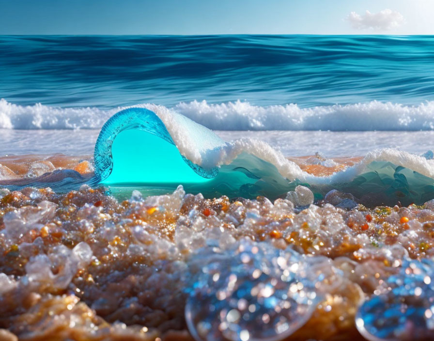 Transparent wave crashing on sandy beach under clear blue skies