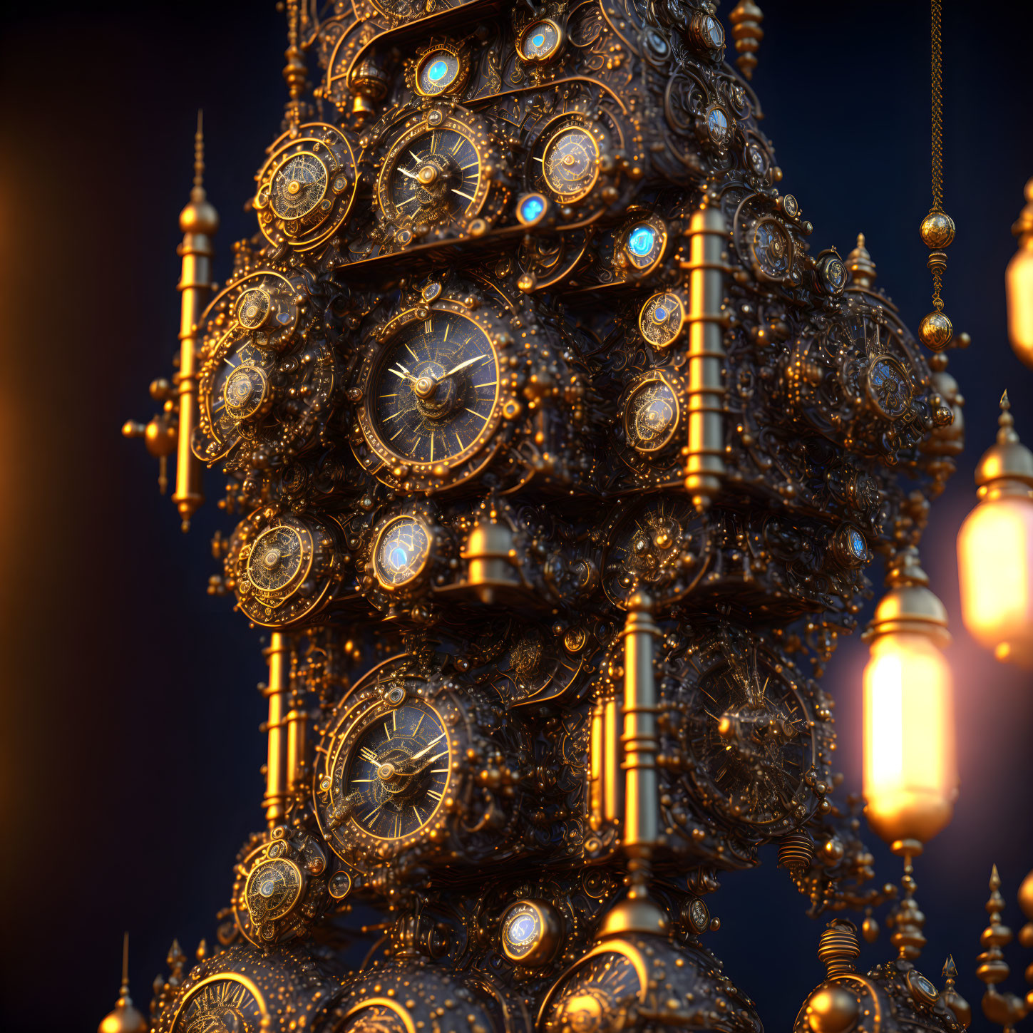 Intricate clockwork tower with glowing blue accents and lanterns