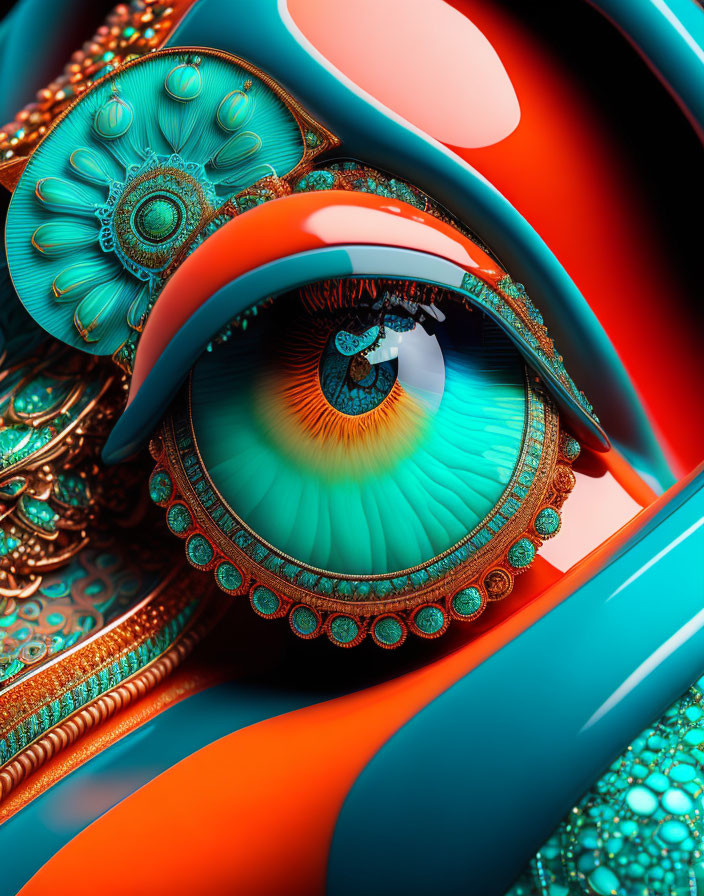 Colorful digital art: intricate eye-shaped structure with ornate patterns and surreal background