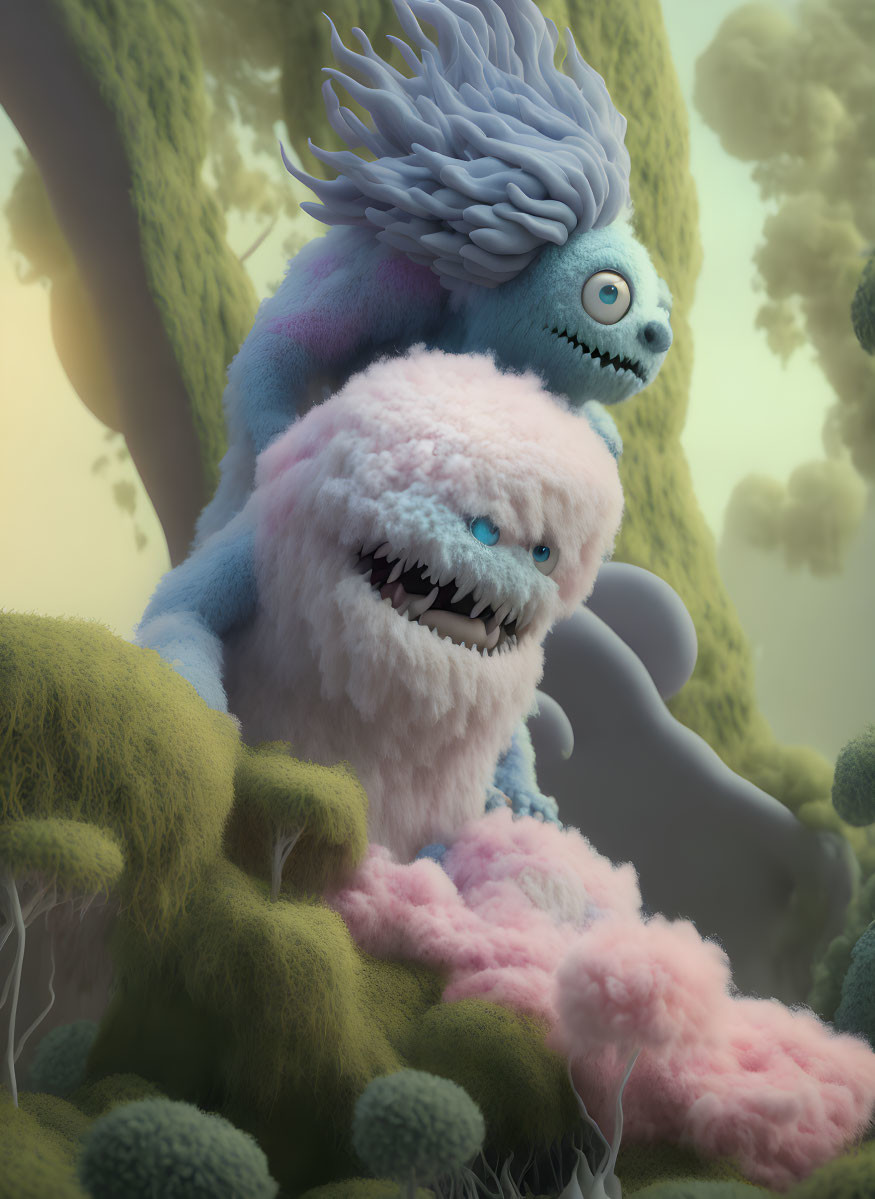 Colorful fluffy monster in fantastical forest with sharp teeth