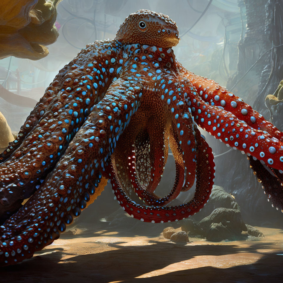 Detailed digital artwork: Octopus with textured skin and suction cups in underwater scene with diffused sunlight