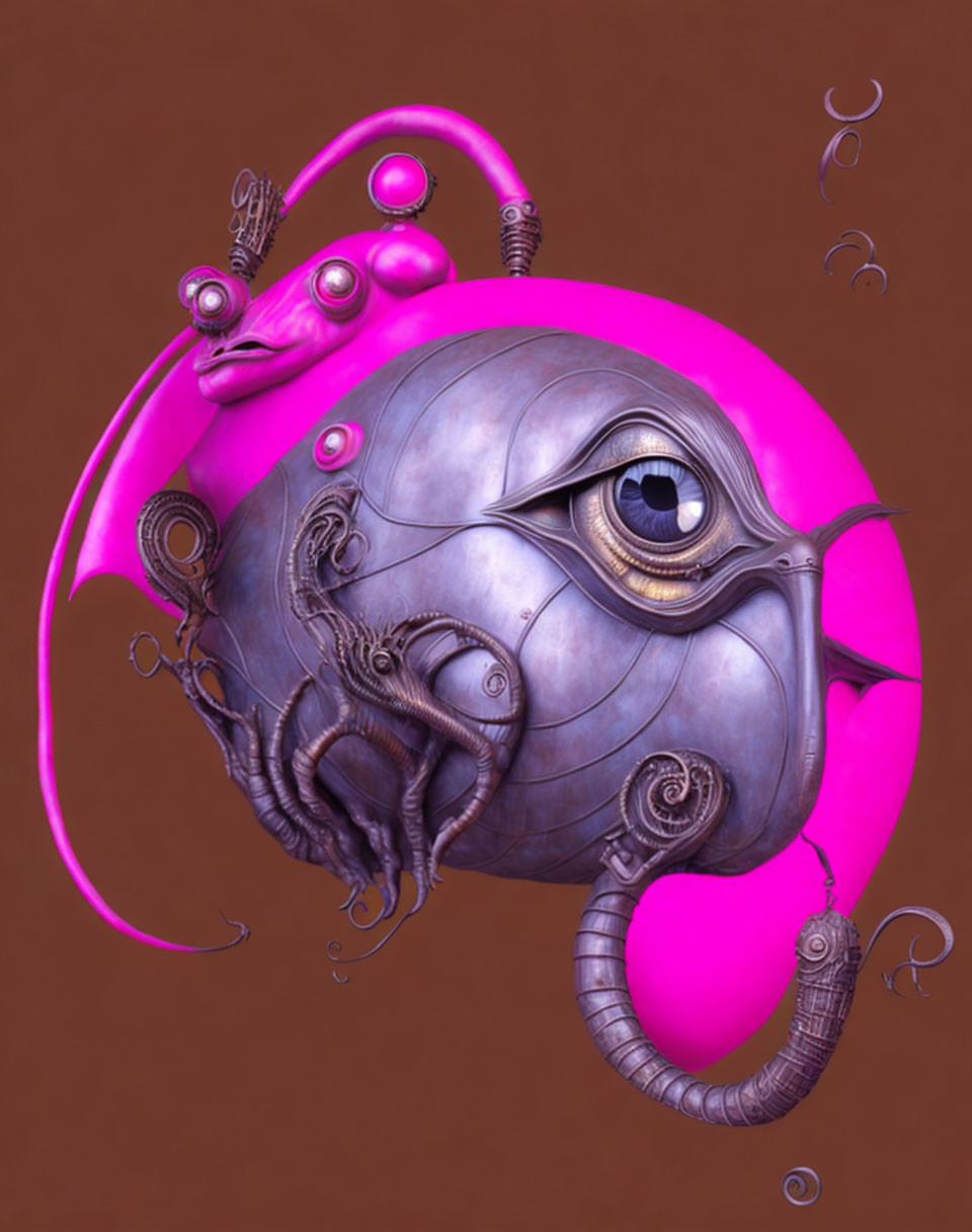 Colorful abstract art: spherical creature with eye and tentacles on brown backdrop