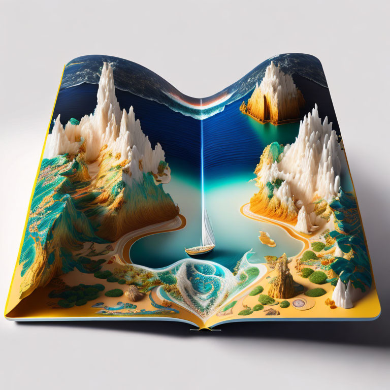 3D Ocean Landscape Spanning Open Book Pages