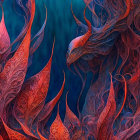 Abstract digital artwork: Crimson and orange swirls on deep blue background