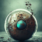 Abstract composition with rusty sphere, turquoise sphere, floating debris, and hazy atmosphere.