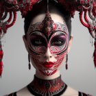 Woman wearing ornate masquerade mask and headdress with gold detailing, floral accents, vibrant makeup