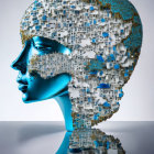 Digital human head profile disassembled by blue puzzle pieces