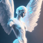 Angel with wings in ethereal white glow on soft blue background