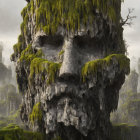 Moss-covered tree with human-like face in mystical forest