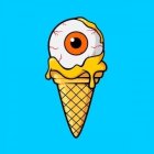 Three-Scoop Orange Ice Cream Cone with Fried Egg Replica on Blue Background