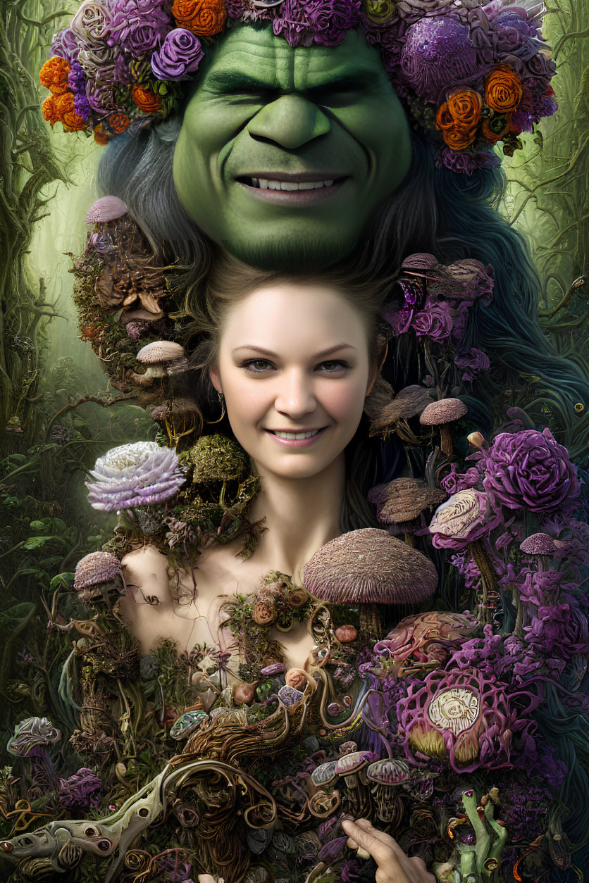 Photomontage of Woman's Face Blended with Hulk Portrait in Fantasy Setting