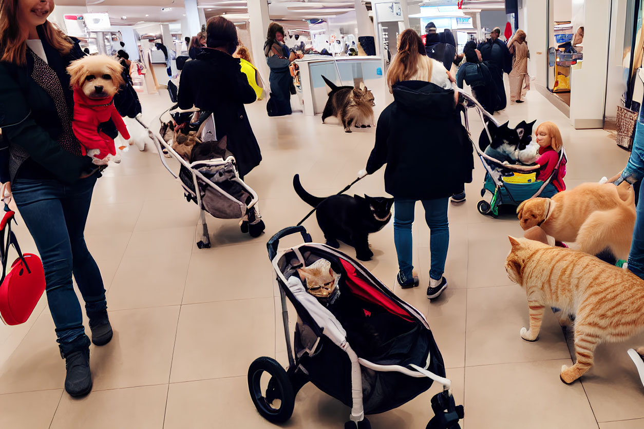 People with various pets stroll through aisles in a pet-friendly store