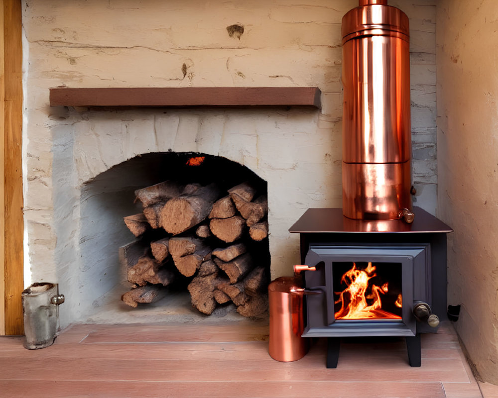 Warm Indoor Scene with Wood-Burning Stove and Fireplace