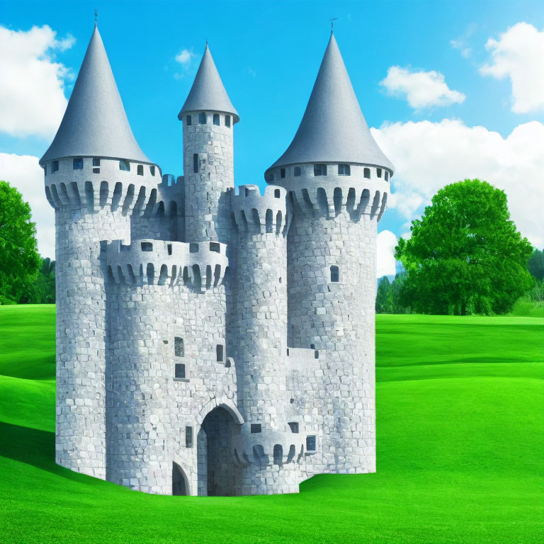 Stone castle with tall towers and conical roofs in a lush green meadow