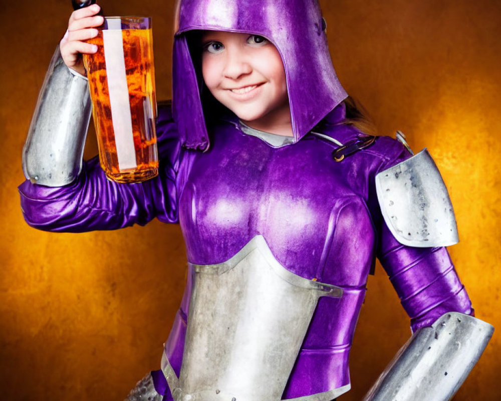 Young girl in purple medieval knight costume with faux bottle of spirits, smiling against warm backdrop