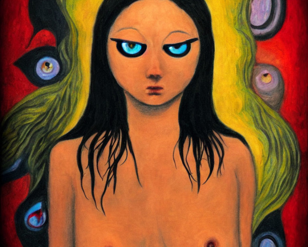 Nude female figure with blue eyes and black hair on red background with disembodied eyes