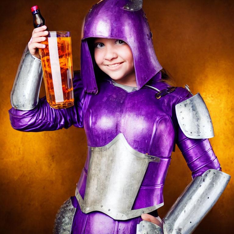 Young girl in purple medieval knight costume with faux bottle of spirits, smiling against warm backdrop