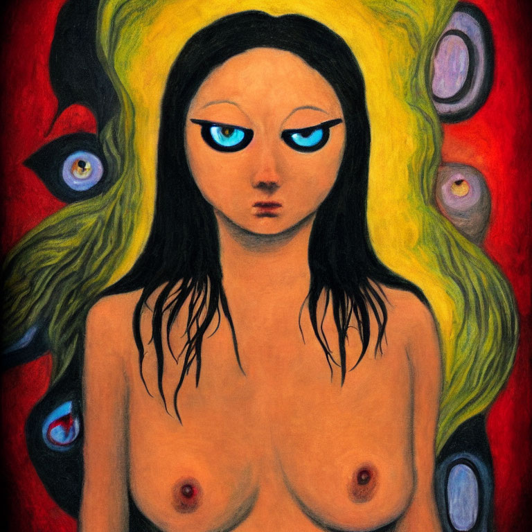 Nude female figure with blue eyes and black hair on red background with disembodied eyes