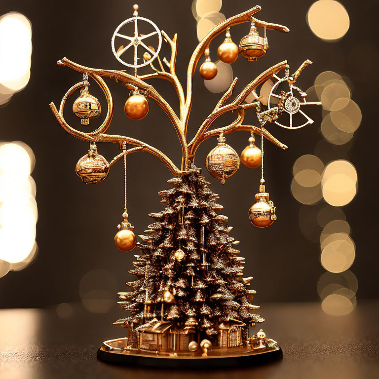 Golden Decorated Metal Christmas Tree with Sparkling Lights on Bokeh Background